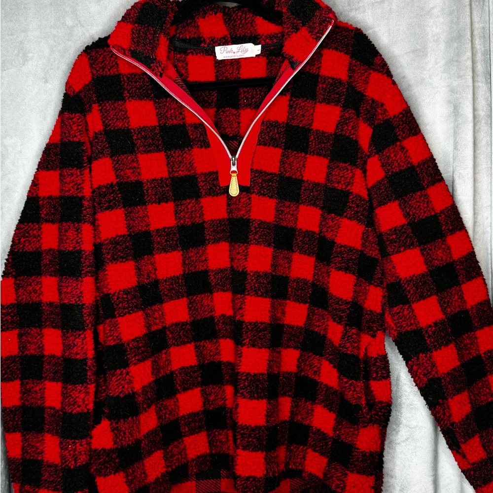 Pink Lily Red and Black Plaid Fleece Jacket